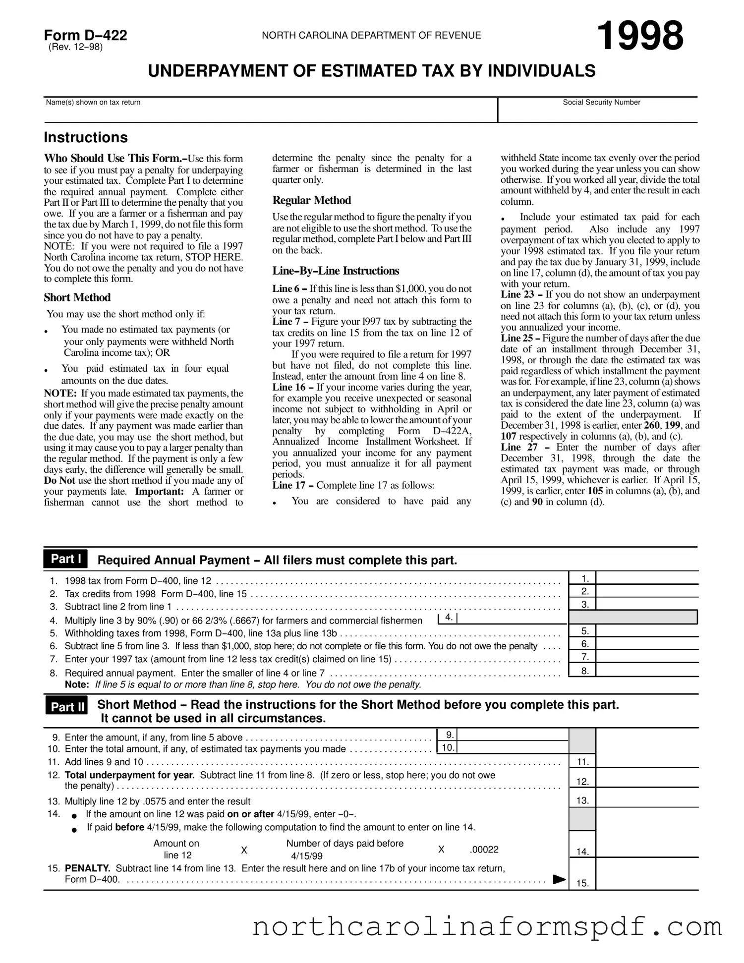 Fill a Valid D 422 North Carolina Form