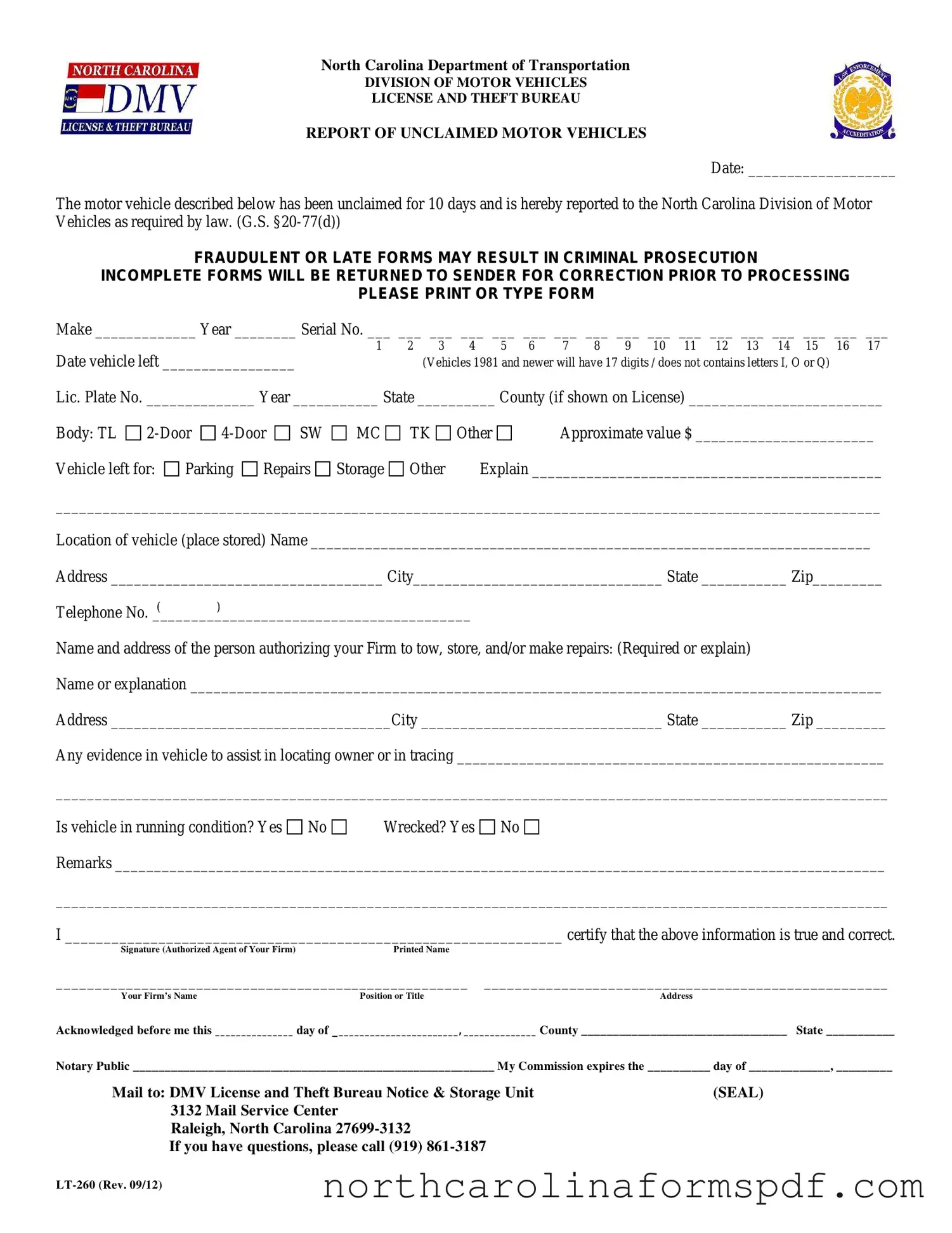 Fill a Valid Dmv Lt 260 Form