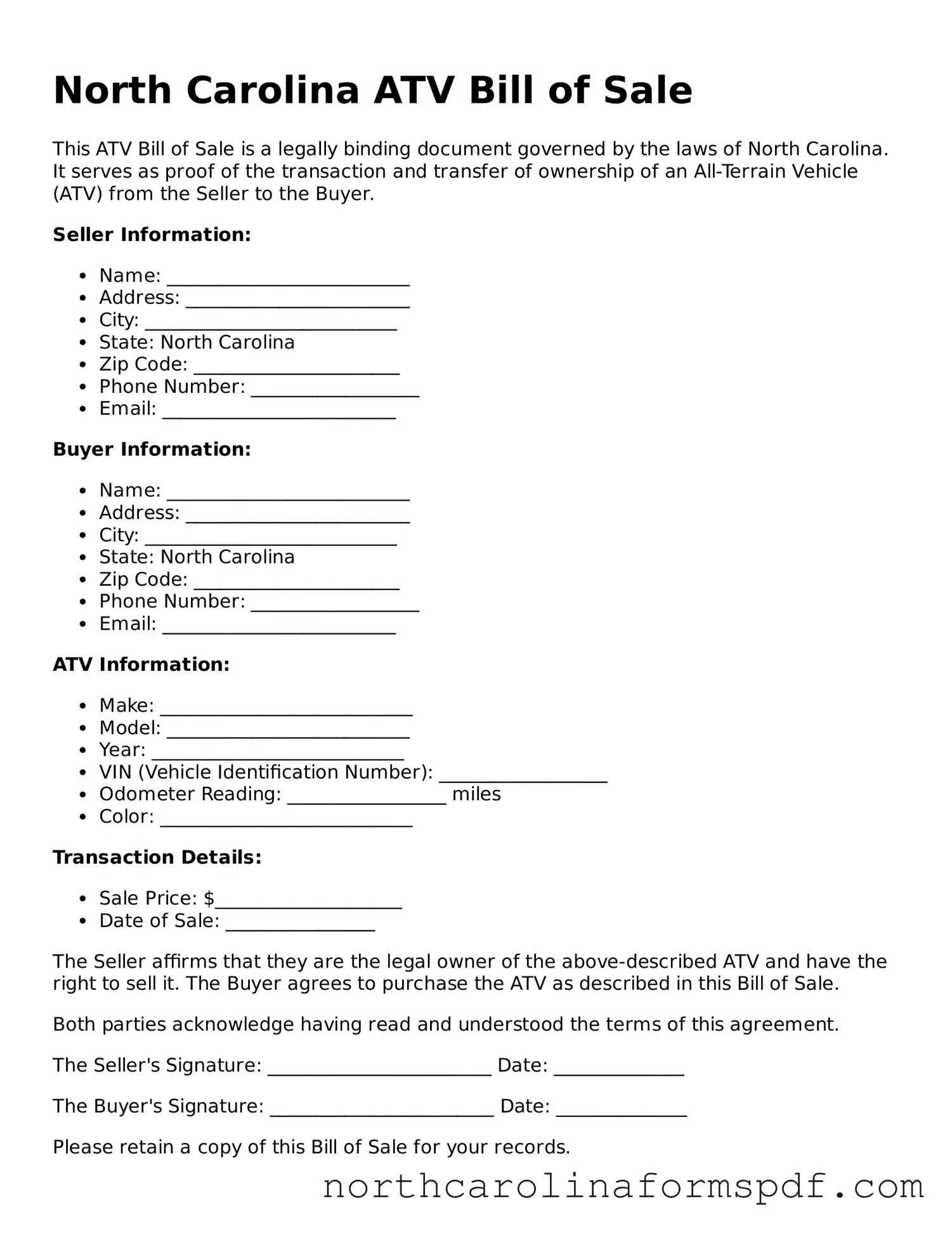 Attorney-Approved North Carolina ATV Bill of Sale Template