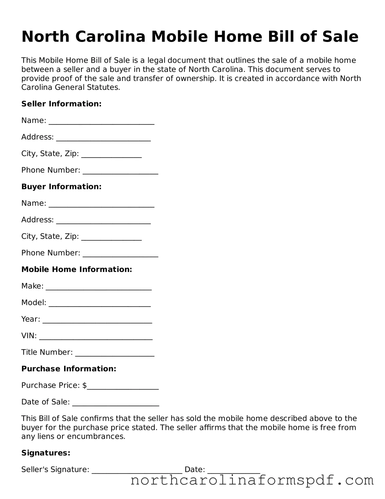 Attorney-Approved North Carolina Mobile Home Bill of Sale Template