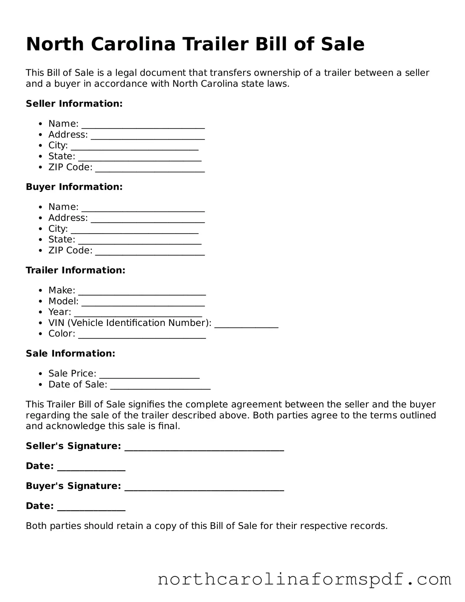 Attorney-Approved North Carolina Trailer Bill of Sale Template