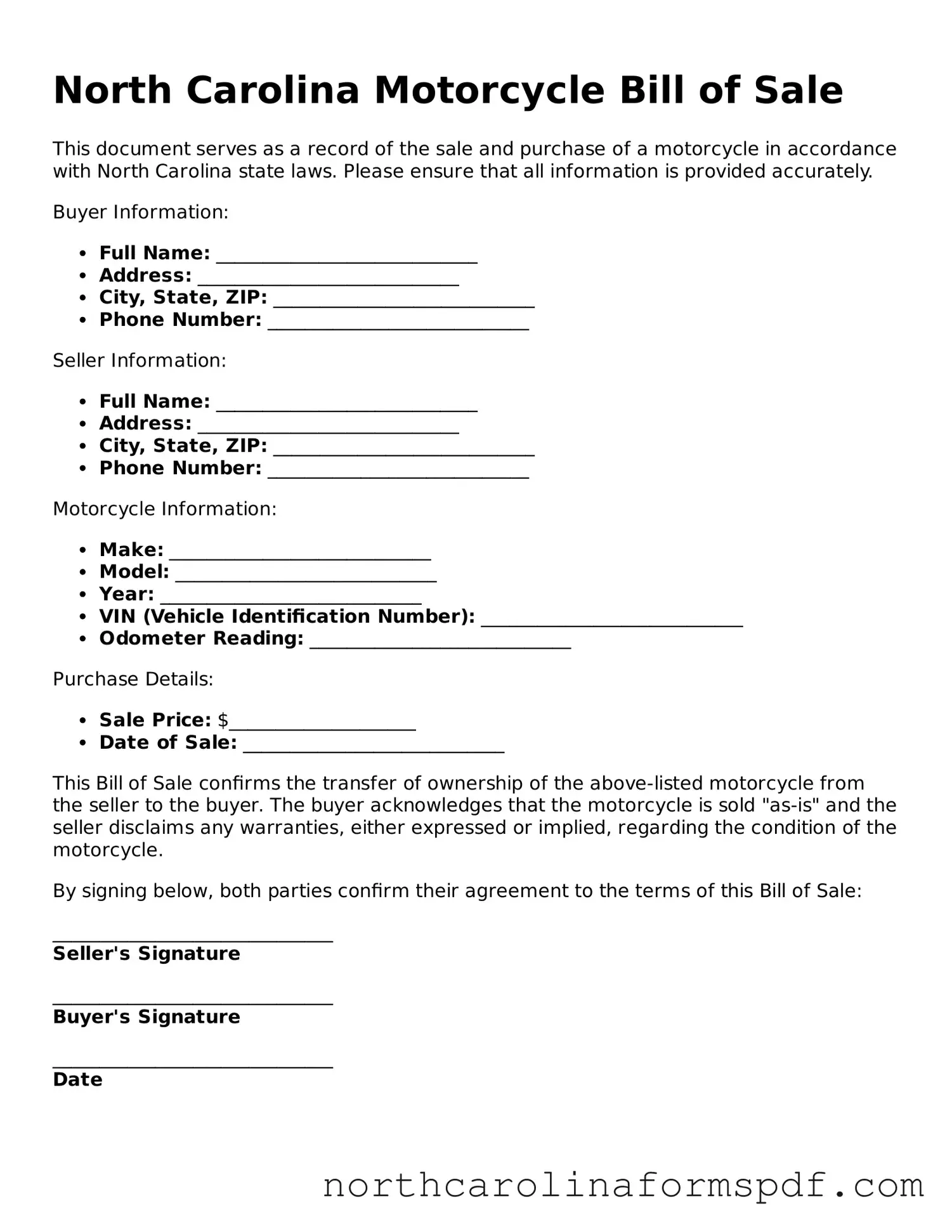 Attorney-Approved North Carolina Motorcycle Bill of Sale Template