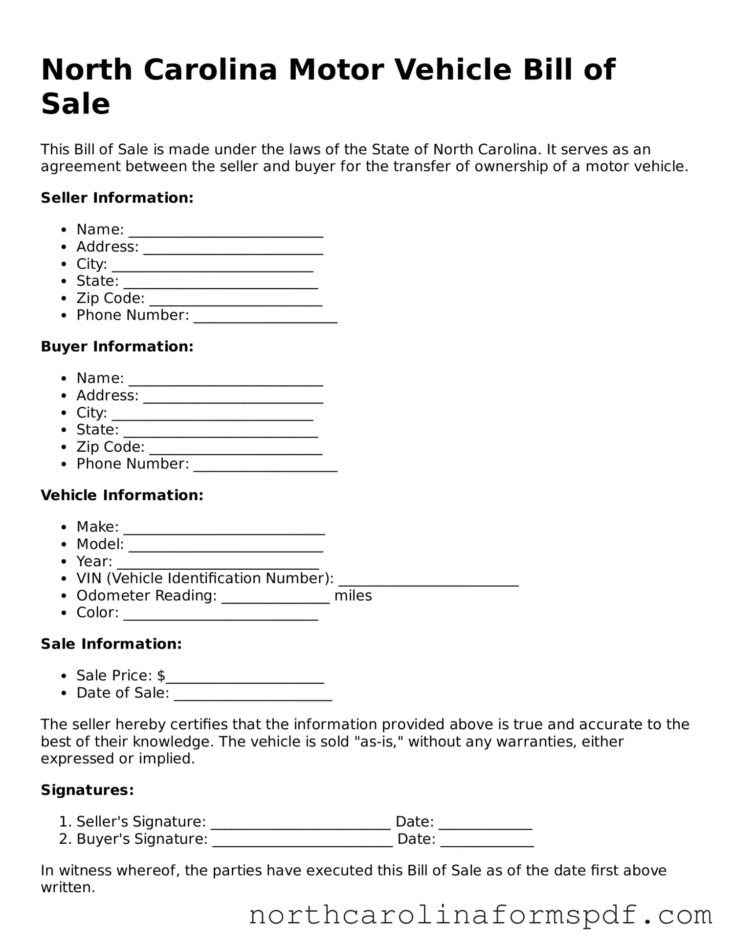 Attorney-Approved North Carolina Motor Vehicle Bill of Sale Template