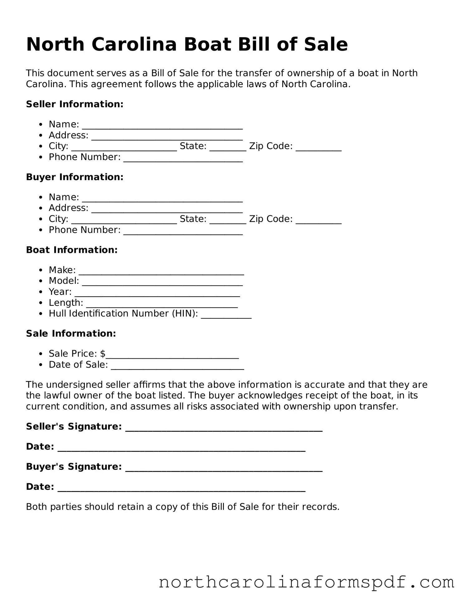 Attorney-Approved North Carolina Boat Bill of Sale Template