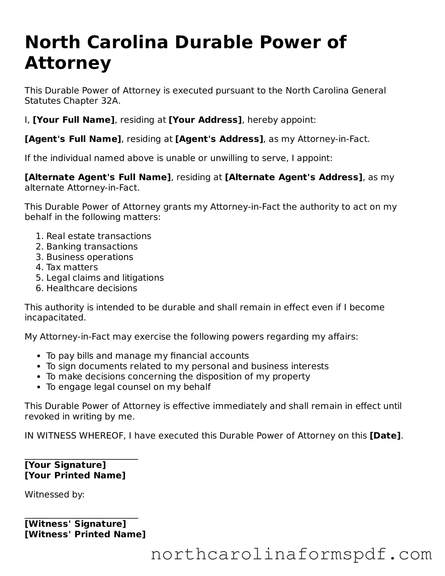 Attorney-Approved North Carolina Durable Power of Attorney Template
