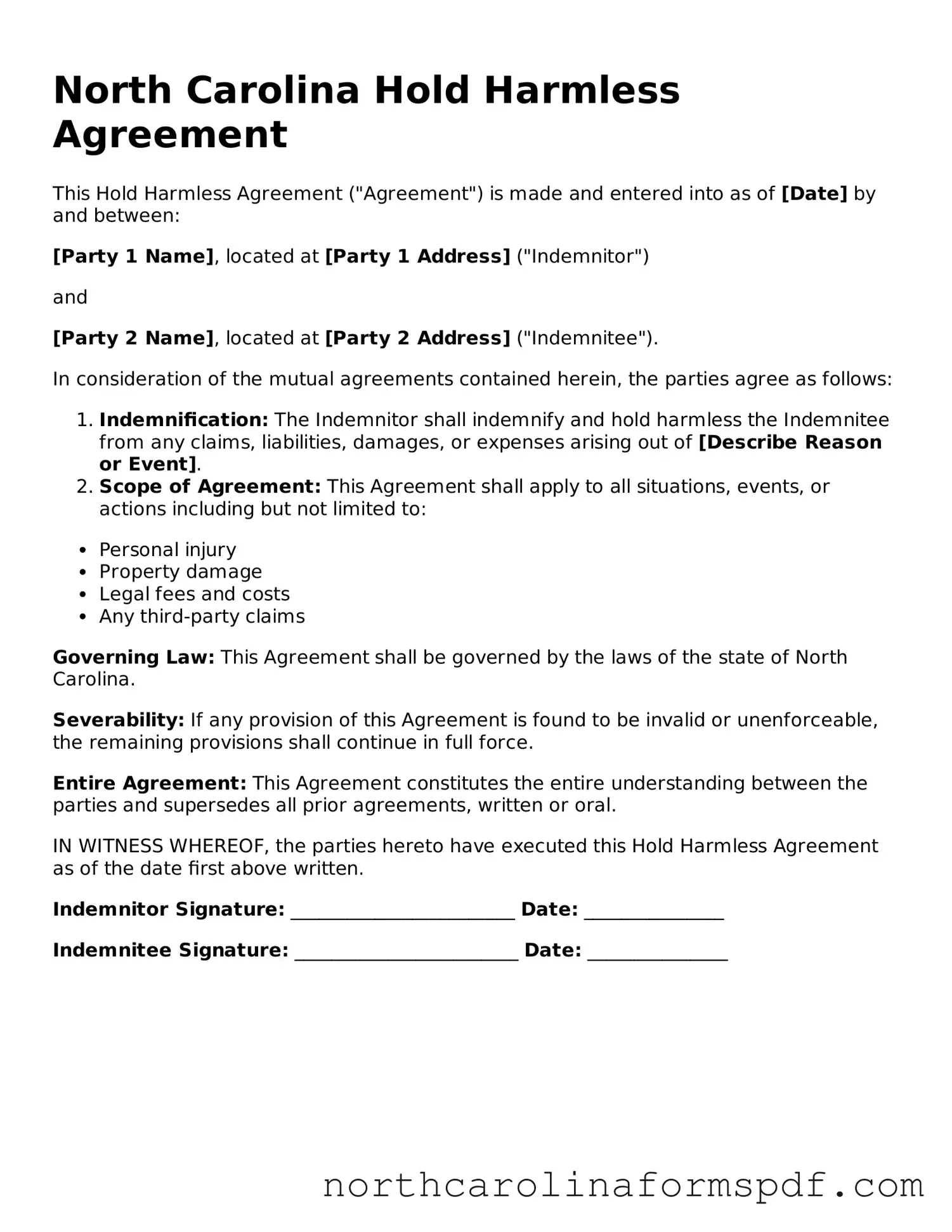 Attorney-Approved North Carolina Hold Harmless Agreement Template