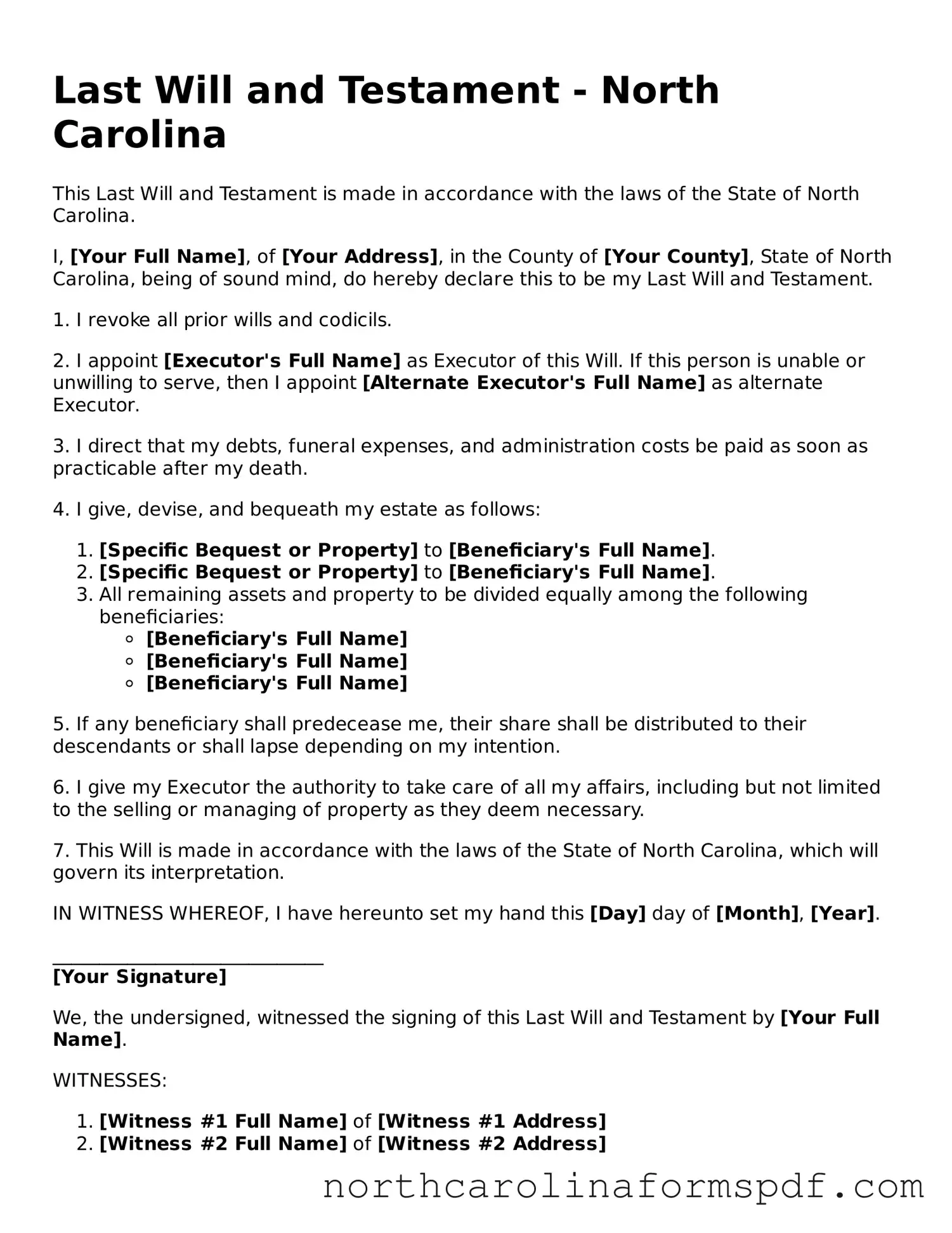 Attorney-Approved North Carolina Last Will and Testament Template