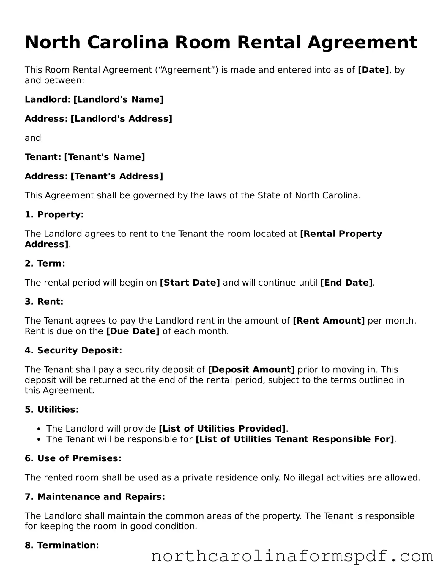 Attorney-Approved North Carolina Room Rental Agreement Template