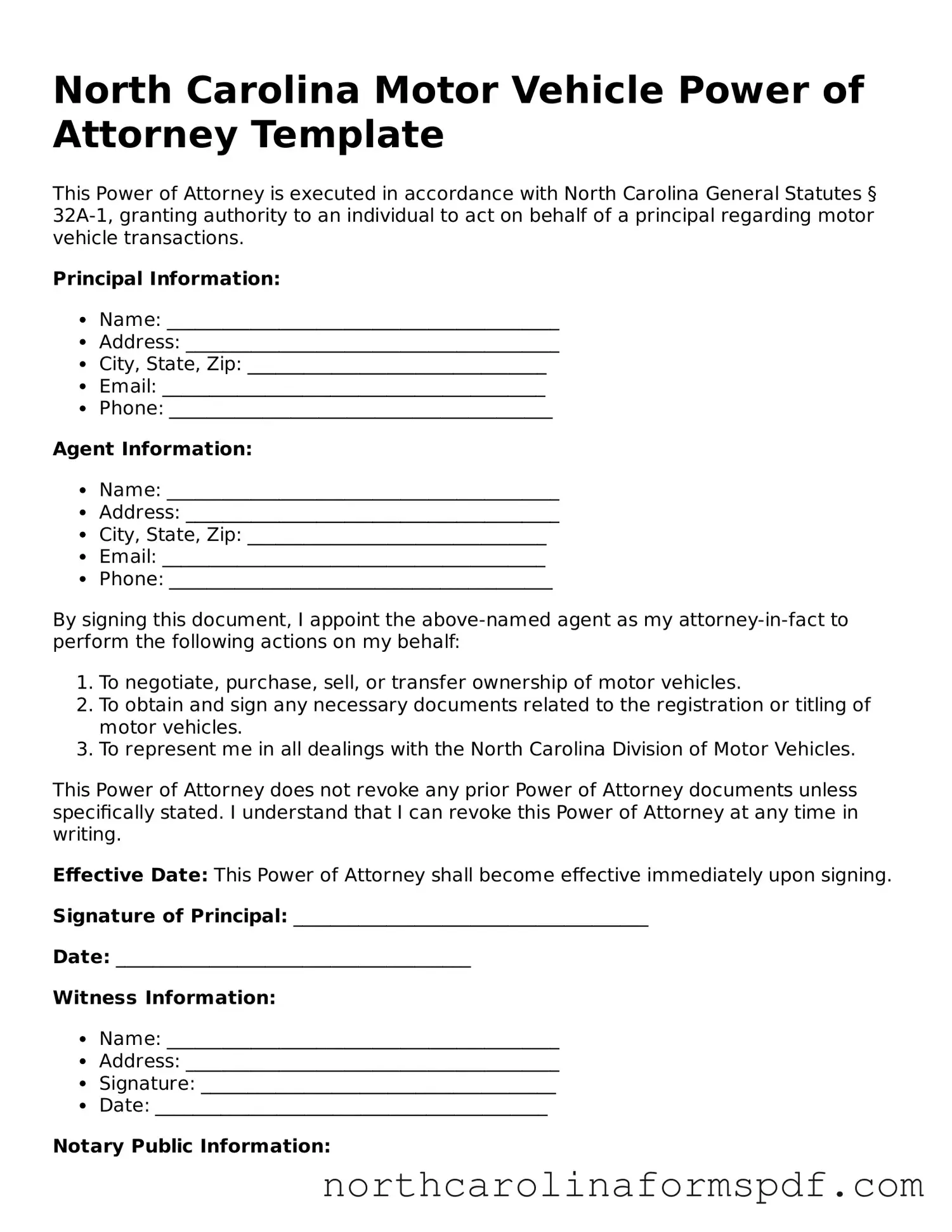 Attorney-Approved North Carolina Motor Vehicle Power of Attorney Template