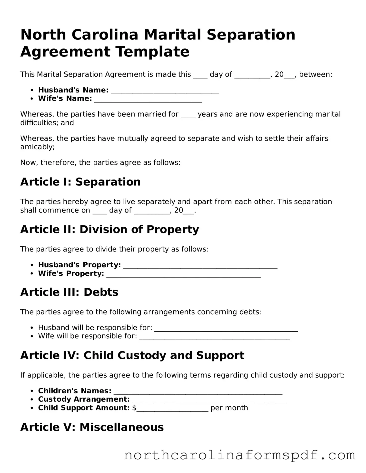 Attorney-Approved North Carolina Marital Separation Agreement Template