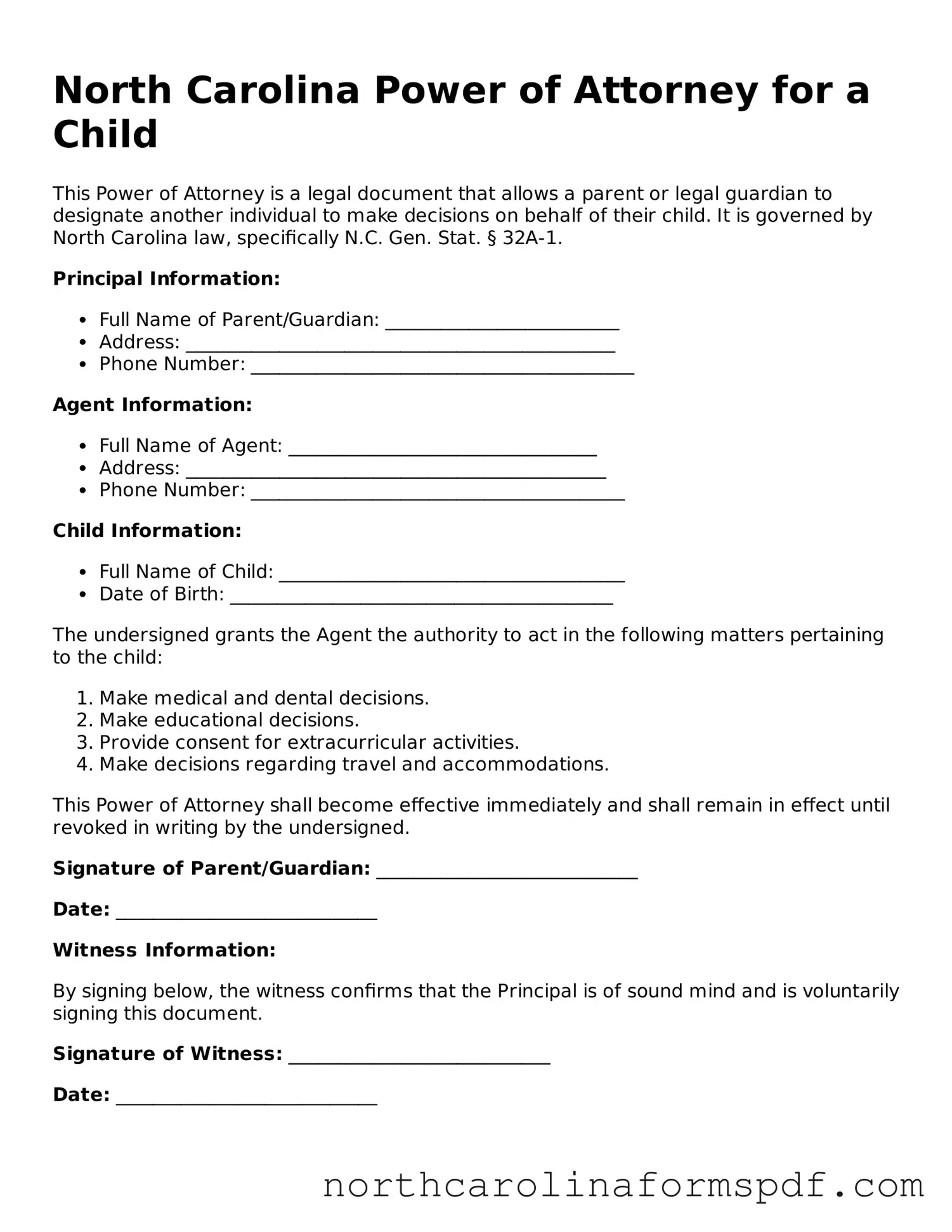 Attorney-Approved North Carolina Power of Attorney for a Child Template