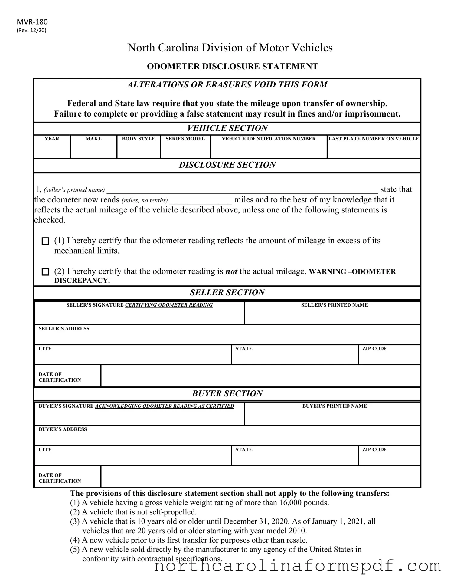 Fill a Valid Odometer Statement Mvr 180 Form